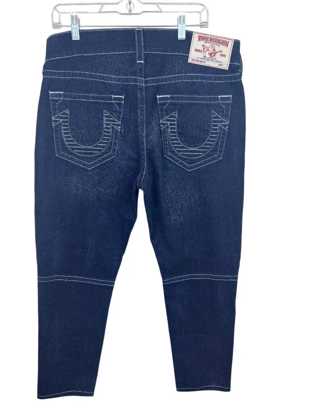 True Religion Moto Skinny Jeans Men's 34x28 Dark Wash Run Stitch Cracked Texture